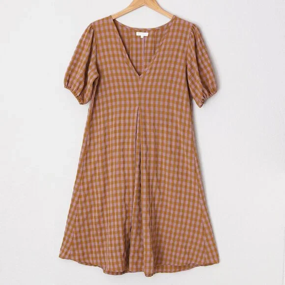 Reminiscence Gingham Plaid Seersucker Puff Short Sleeves Flared Dress Mini Tan - Picture 2 of 13